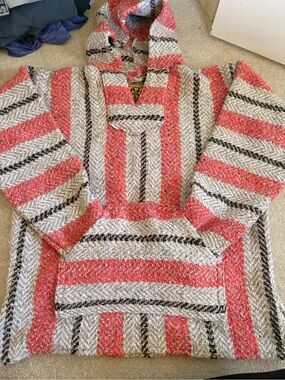 Striped Hooded Baja Sweater in Coral and Gray